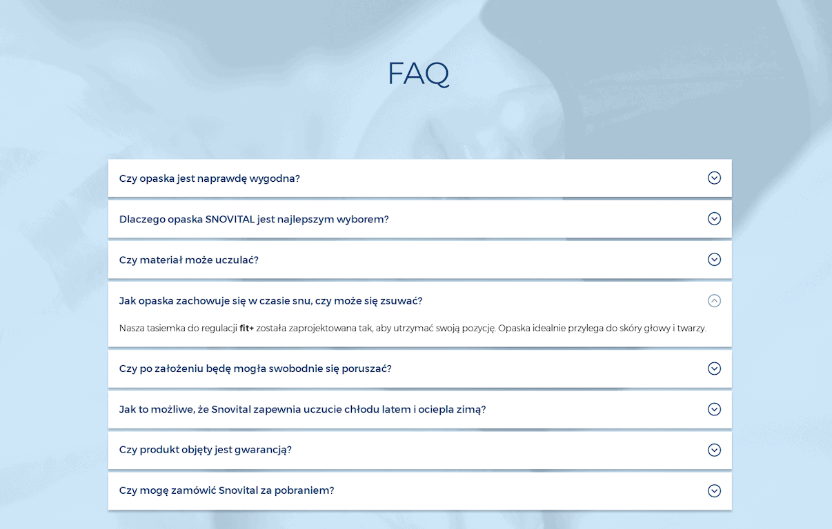 projekt snovital - rozwijana sekcja FAQ na stronie